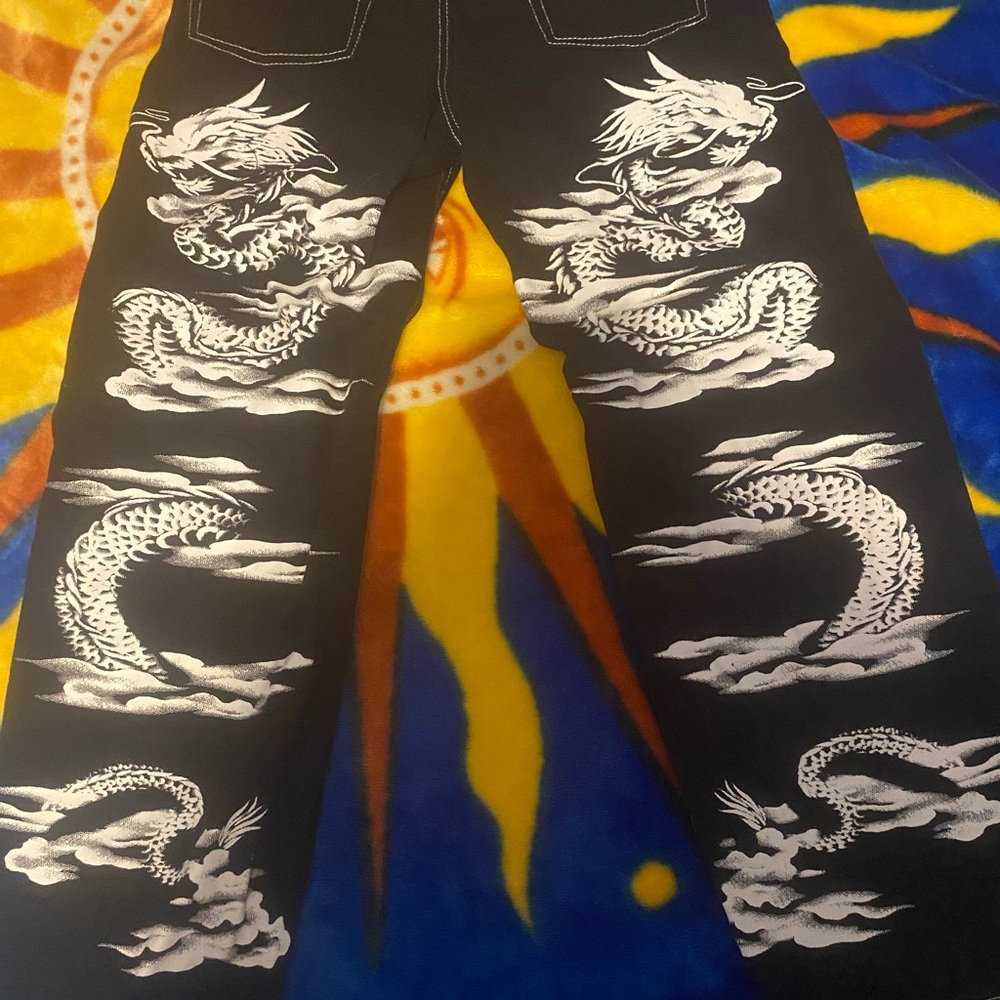 Classic Black Men's Pants with White Stitching of dragons in the back design